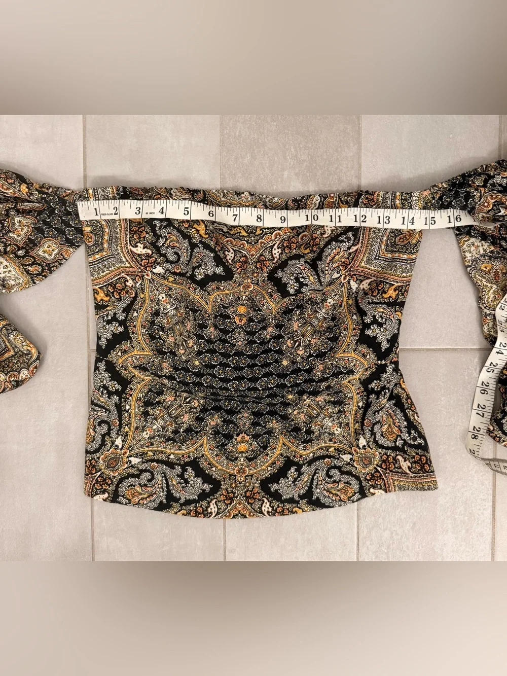 Bronx & Banco Off-Shoulder Paisley Print Blouson Sleeve Top Black & Brown Size 6